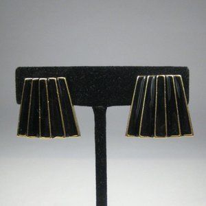 Napier Earrings CLIP ON Goldtone Vintage 1980s Estate Black Enamel Statement Fan